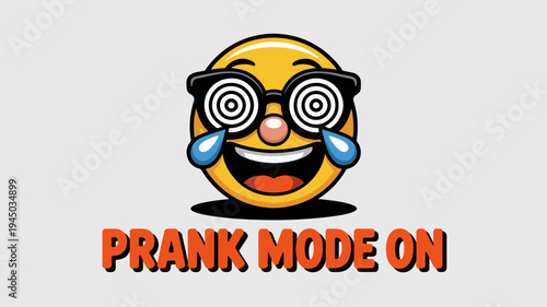 Laughing emoji wearing spiral glasses in prank mode with tears of joy on gray background