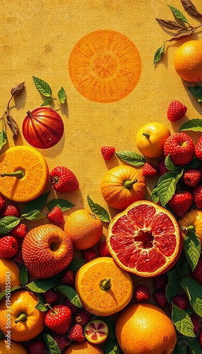 Sun-drenched, freehand fruit emblems dance across a textured, time-worn canvas, a vibrant lesson in botanical variety ,  variety,  vibrant