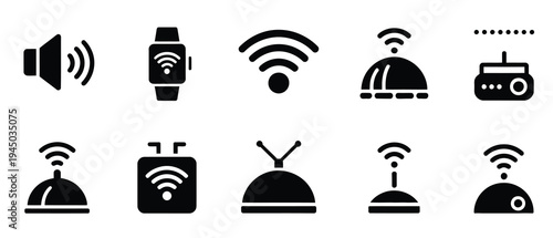 Smart, sensor technology web icon set in silhouette style, IoT and automation symbols, digital monitoring and device connectivity concept, editable vector illustration 