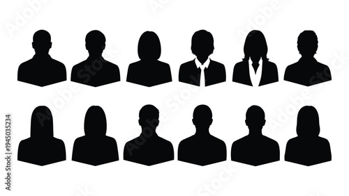 A group of ten black silhouette profiles of people in two rows on a white background for user or employee representation