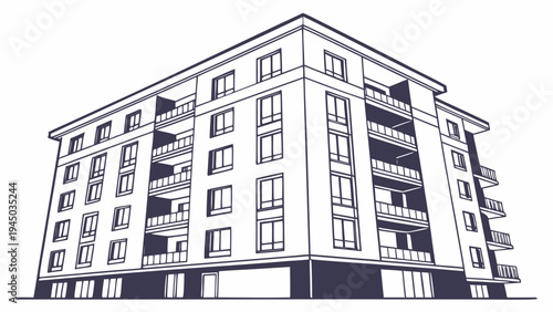 Modern Apartment Building Exterior Line Art Vector Illustration