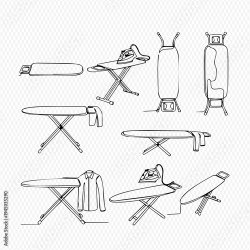 Continuous line drawing of an ironing board and iron in various positions, showing the process of ironing clothes.