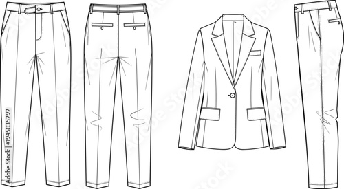 Technical Fashion Sketch of a Professional Business Suit Including Tailored Trousers and Blazer Jacket Isolated on White Background for Apparel Design Mockup Templates