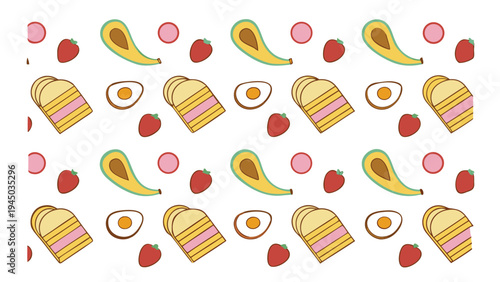 A colorful pattern of breakfast foods on a white background Vector, illustration