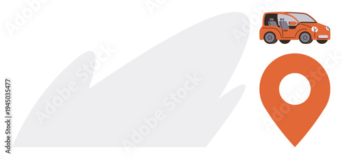Navigation, travel planning, transportation, location services, road trips, car sharing. An orange car and location pin symbol. Navigation and travel planning concepts