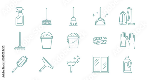 Cleaning tools and supplies icons set.
