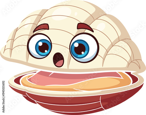 Cute cartoon clam illustration with a surprised face and open shell isolated on white background for children education book and sea animal mascot design.