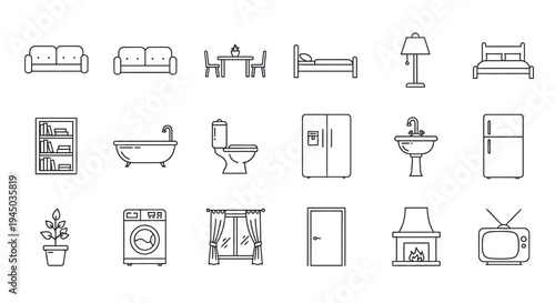 Simple line icons of household furniture.