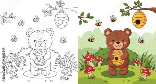 Cute cartoon bear holding a beehive in a forest clearing with mushrooms and bees including a black and white coloring page version