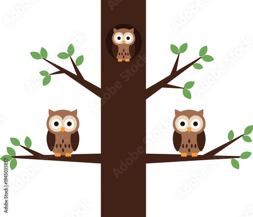 Cute cartoon owls sitting on tree branches and in hollow vector illustration with flat design style isolated on white background for children book and nursery