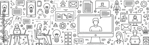 Modern Digital Workspace Banner with Line Art Icons of Remote Workers Video Conferencing Creative Ideas and Global Online Business Communication Technology
