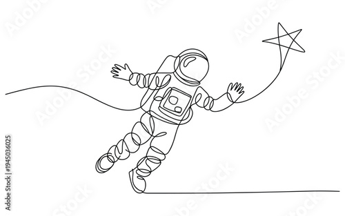 Astronaut floating in space with star on a string single line drawing minimalist