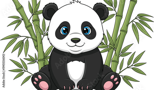 Cute cartoon panda bear sitting in green bamboo forest vector illustration with big blue eyes and happy smile isolated on white for kids design