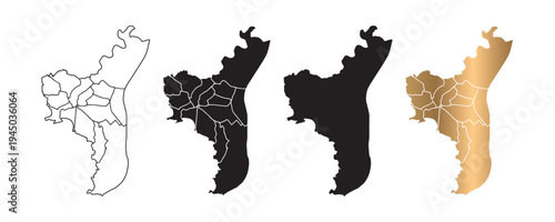 Vector maps of Strasbourg, France, in various styles, with black and gold line art.