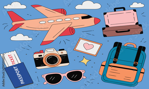A colorful illustration depicts travel items including an airplane suitcase and various accessories high quality professional