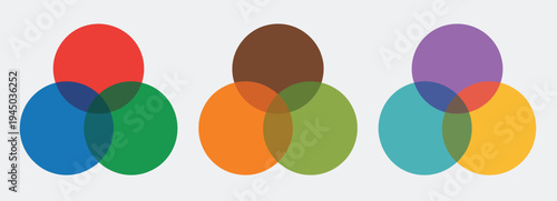 Venn, diagram and overlapping circle infographic set, two, three, and four intersecting color circles, data visualization and concept illustration, editable vector isolated on transparent background.