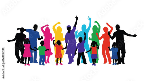 Vibrant and diverse group of people silhouettes in various colors and poses, conveying unity and celebration