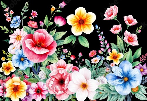 Vibrant watercolor floral bouquets, individual blooms, and leafy sprigs in various colors and styles,  yellow,  pastel