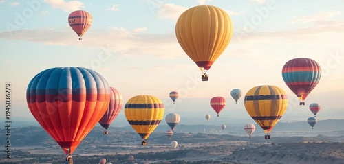 Watercolor painted hot air balloons floating in a pastel sky,  design,  abstract