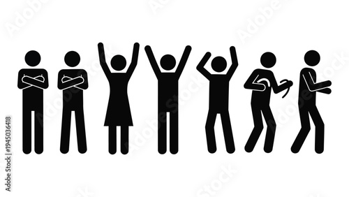 A series of stick figures depicting various emotional expressions and body language in a horizontal line