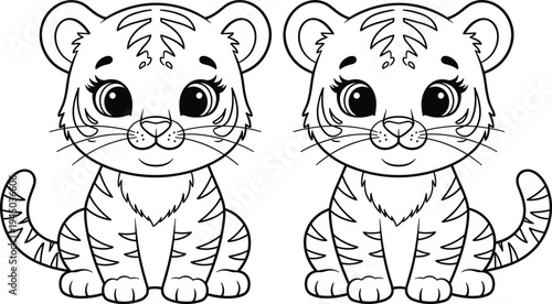 Cute, baby, tiger, coloring, page, for, kids, featuring, two, adorable, cartoon, tiger, cubs, with, big, eyes, and, stripes, isolated, on, white, background, vector, illustration