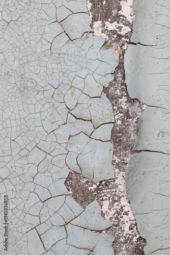 Peeling paint on the wall. Old concrete wall with cracked flaking paint. Weathered rough painted surface with patterns of cracks and peeling. High resolution texture for background and design. Closeup