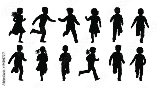 Collection of black silhouette images of children engaged in various physical activities and running gestures