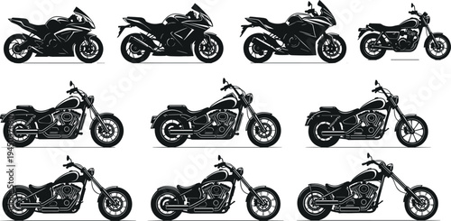 Motorcycle Silhouette Set Featuring Sport Bikes Cruisers and Choppers for Automotive Design Biker Culture Transportation and Motorbike Racing Vector Illustration