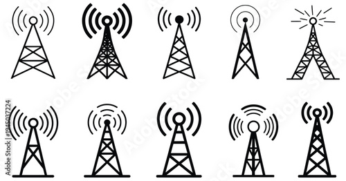 Wireless, communication icons, antenna icon set, radio antenna, communication tower, radio tower, and network symbols, vector illustration, editable design isolated on transparent background.