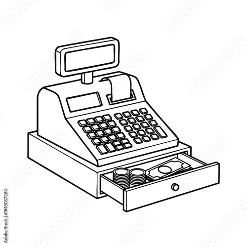 A line drawing shows an open cash register with a receipt, coins, and bills