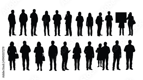 Collection of diverse human silhouettes in various poses and attire on a white background