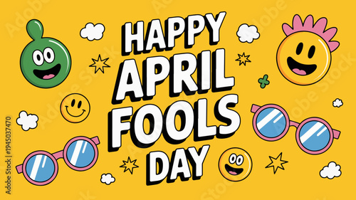 Happy april fools day celebration with colorful emojis and glasses on yellow background