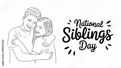 National siblings day illustration of a man hugging a woman in black and white on a white background