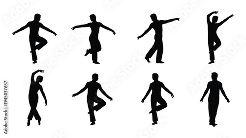A series of eight black silhouette figures in various dance poses on a white background depicting movement and fluidity in dance