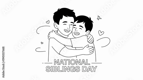 Two brothers hugging smiling on national siblings day with hearts and butterflies