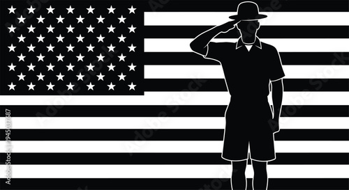 Patriotic Silhouette Of Saluting Soldier Against American Flag Background Vector Illustration For Memorial Day Veterans Day And US Military Support