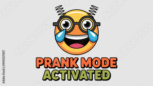 Laughing emoji with glasses and tears prank mode activated text funny emoticon face