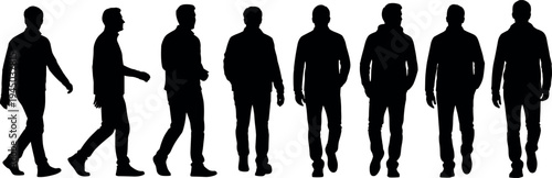 Male walking silhouette collection with casual standing and moving poses vector illustration, human figure icons isolated on light background for lifestyle design