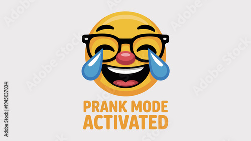 Laughing emoji wearing glasses with tears of joy prank mode activated funny emoticon