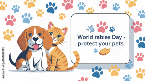 Beagle and cat pets world rabies day awareness illustration protect your pets