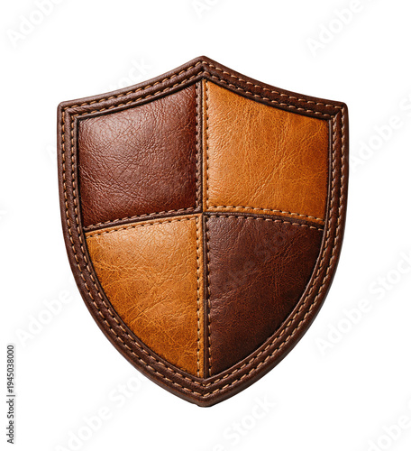Security Shield made from stitched leather with detailed handcrafted texture isolated on transparent background