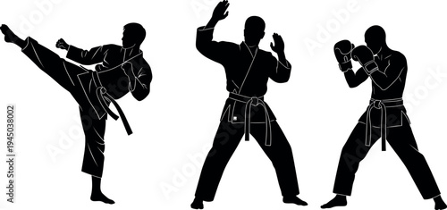 Martial arts silhouette collection with karate and boxing fighter poses vector illustration, combat sport training icons isolated on light background for fitness design