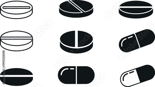 Medicine pills and capsules icon set with different tablet shapes isolated on white background, pharmaceutical drug symbol collection for healthcare, pharmacy and medical design