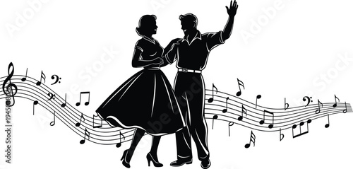 Retro Silhouette Of 1950s Couple Dancing Swing Over Musical Notes Vector Illustration For Jazz Festival Rockabilly Party And Dance Lessons