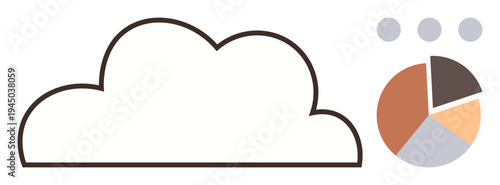 Cloud computing, data analysis, business insights, digital technology, file storage, data storage. A cloud outline next to a pie chart and dots. Cloud computing and data analysis concept