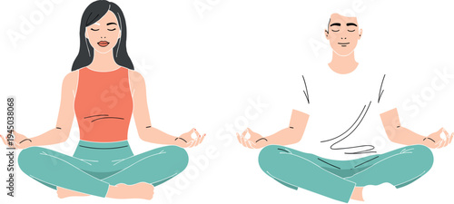 Meditating man and woman practicing yoga lotus pose vector illustration, calm mindfulness relaxation concept isolated on light background for wellness, meditation, breathing exercise and mental health