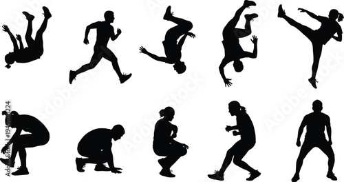 Set of Athletic People Silhouettes Featuring Parkour Runners Martial Arts Kicking Jumping and Gymnastic Action Poses for Extreme Sports Design