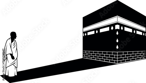 Muslim pilgrim standing before the Kaaba in Mecca silhouette, Islamic Hajj pilgrimage concept with holy mosque architecture illustration isolated on white background