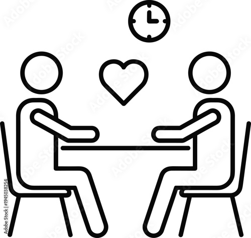 Romantic couple dating icon with two people sitting at table heart and clock symbols line art vector illustration for relationships