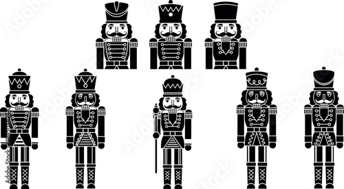Nutcracker soldier silhouette collection with classic Christmas toy figures vector illustration, festive wooden guard icons isolated on light background for holiday decoration design